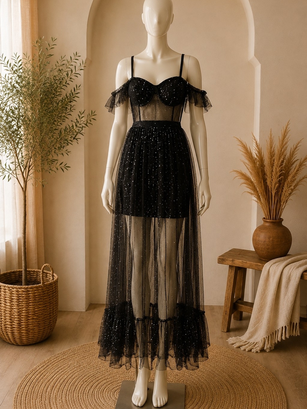 Off-Shoulder Black Sparkle Tulle Maxi Dress